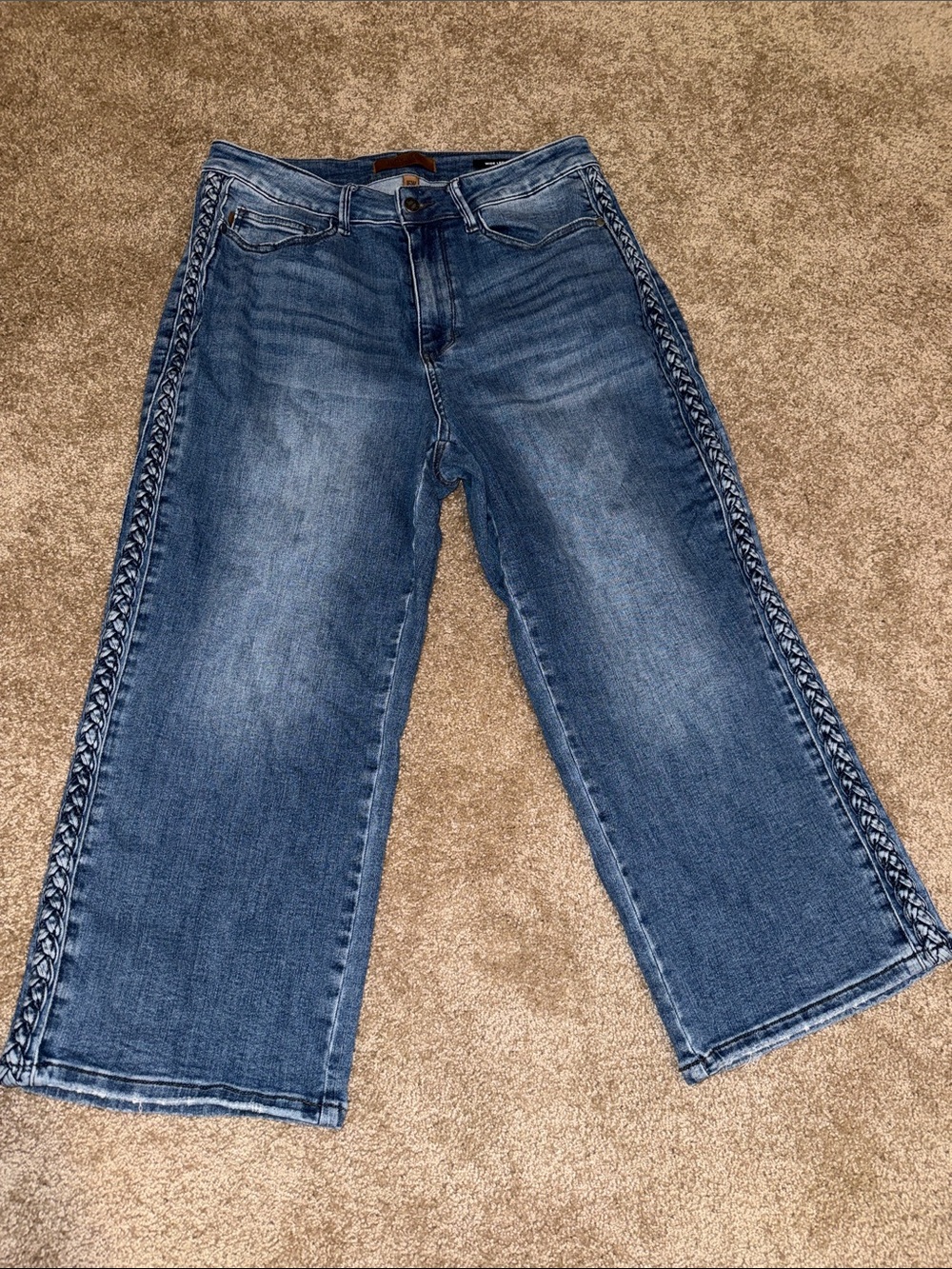 Judy Blue Medium Wash Wide-Leg Jeans with Braided Side Trim - size 16W